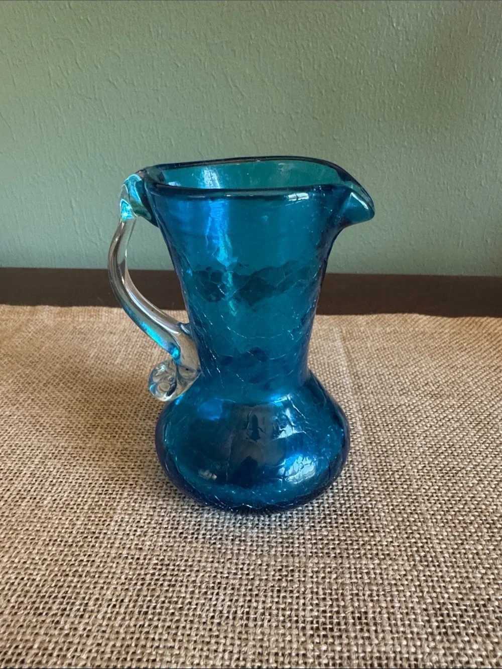 Hand Blown Blue Crackle Glass Pitcher Vase Clear Applied Handle 4”
